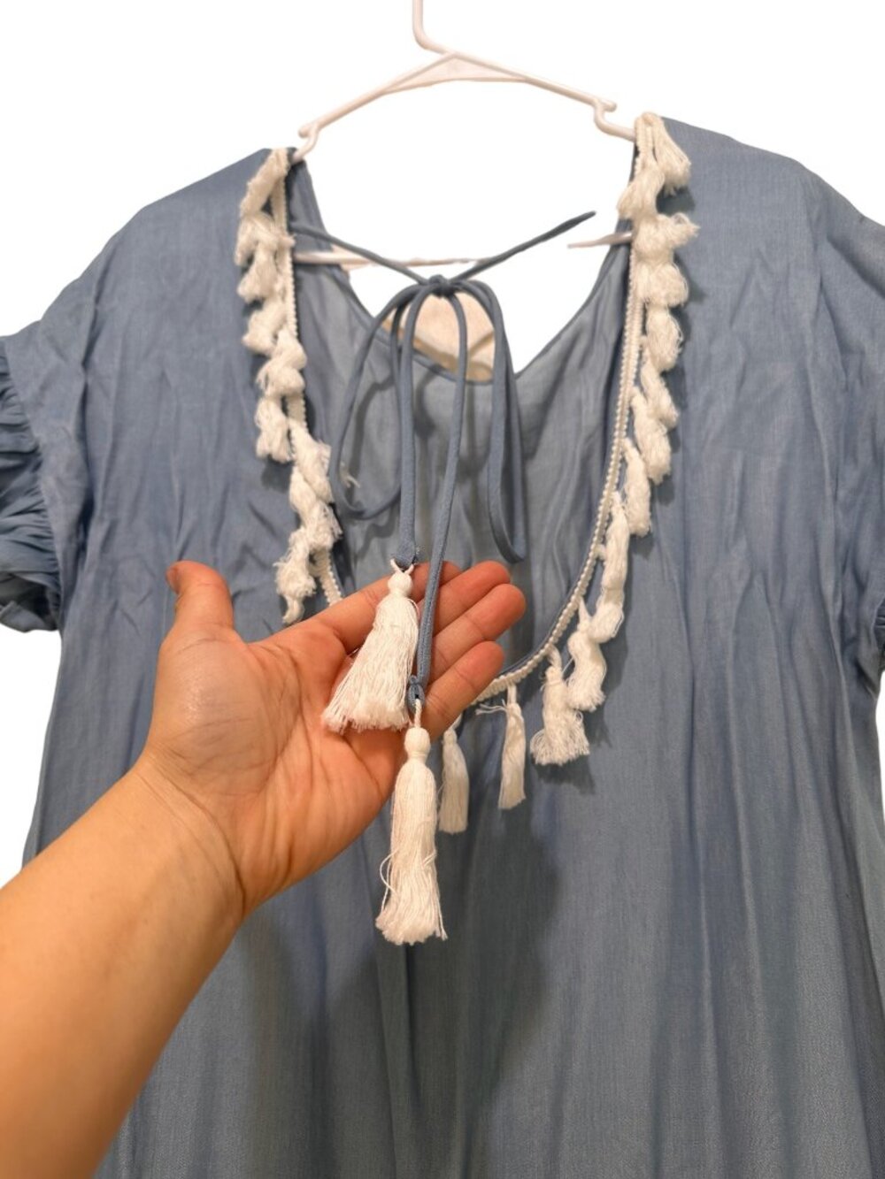 Mulla Fringe Ruffles Tunic Mini Dress Large Blue Tassel Scoopback Bohemian Resor - Picture 10 of 14